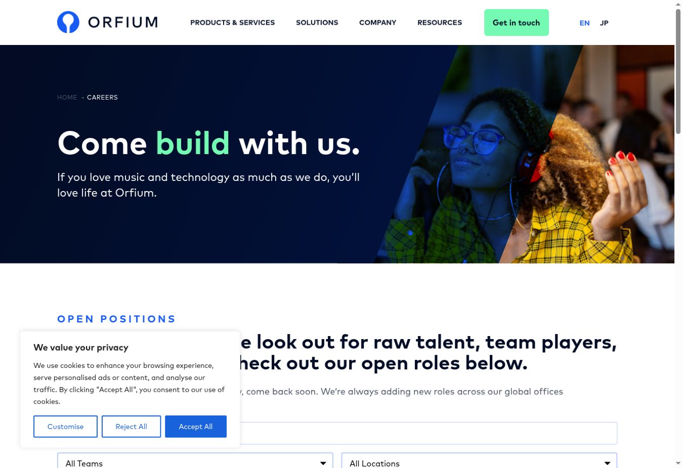 Orfium careers website with open positions interface